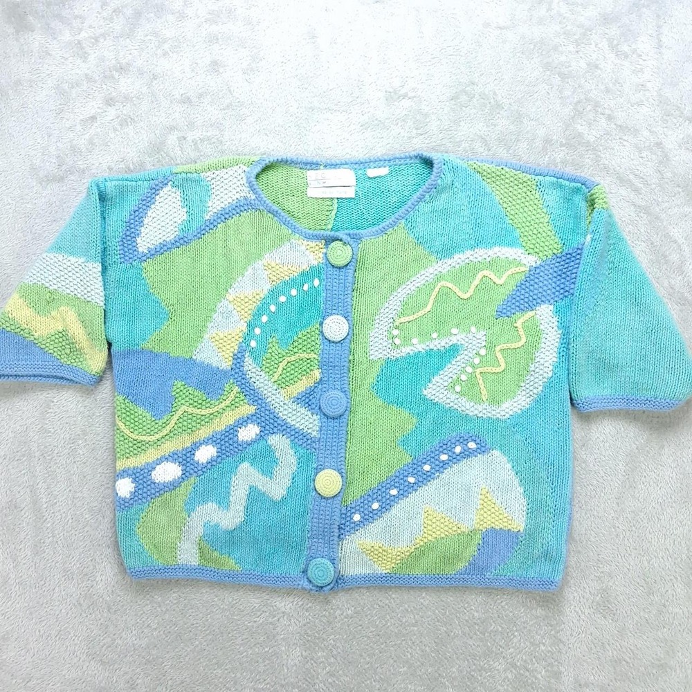 Secrets Sun Prints Hand Knit Cardigan Small Blue Green Abstract Art Sweater